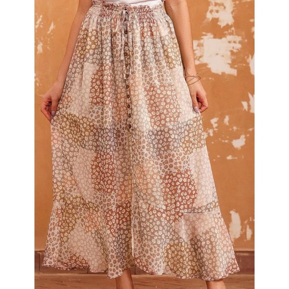 Dresses & Skirts - Apricot Boho Flower Print Smocked Waist Button Slit Maxi Skirt Various Sizes